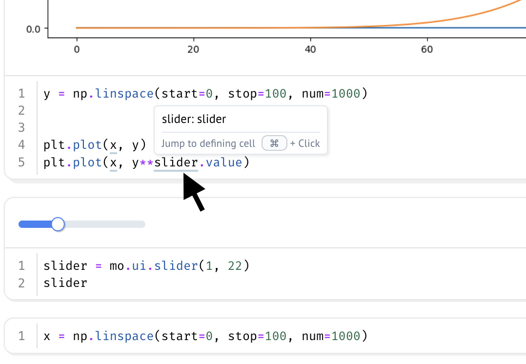Reactive reference highlighting showing variable usage across cells